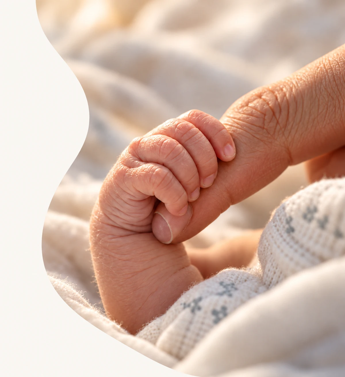 A tiny hand gently holding a caregiver’s finger.